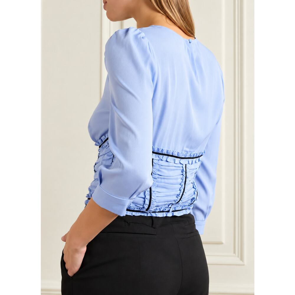 fleur du mal Love Bound Ruched Stretch Silk Top Ruffle Puff Sleeve Corset Blouse - Picture 11 of 12